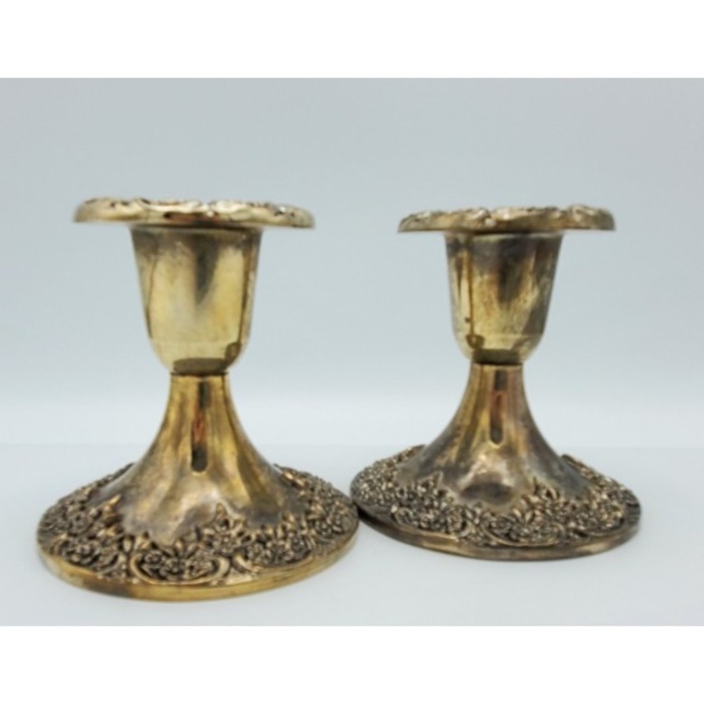 Vintage Silverplate Taper Candleholder Pair World Showcase Flower Design